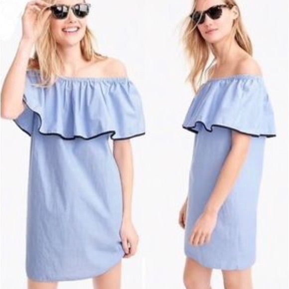 J. Crew Tipped Off the Shoulder Light Blue Cotton Mini Summer Dress size Small - Picture 2 of 11